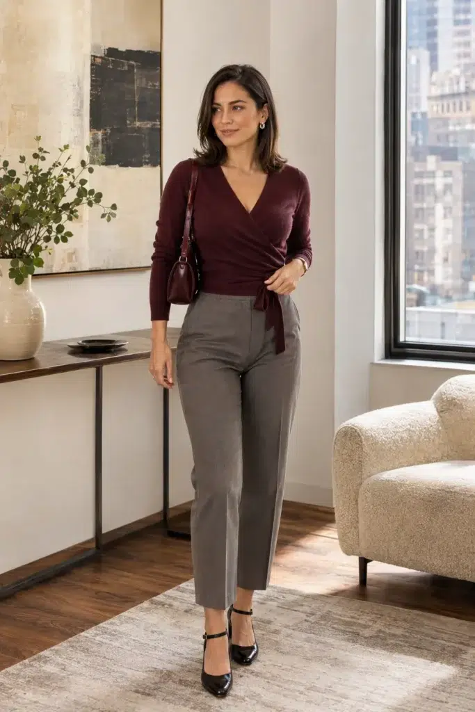 Petite woman in a modern apartment wearing a burgundy long-sleeve wrap knit top, high-waisted grey tapered trousers, black Mary Jane heels, and a small burgundy shoulder bag, styled as a petite casual Friday work outfit.