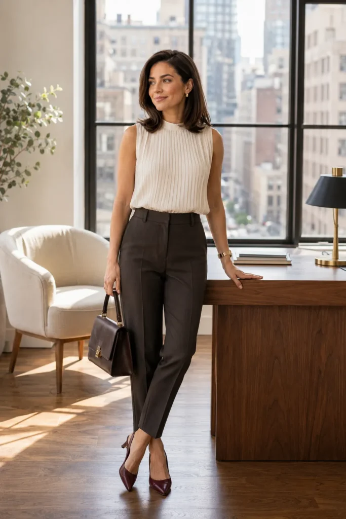 Petite woman in a modern office wearing a cream sleeveless pleated mock-neck top tucked into high-waisted dark brown tapered trousers, with burgundy pointed pumps and a dark brown structured top-handle satchel, styled as a petite casual Friday work outfit.