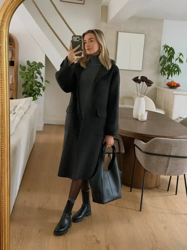 Petite woman with blonde shoulder-length hair taking a mirror selfie inside a modern home with an arched gold ornate mirror, cream sofa, and dark oval wood dining table with upholstered chairs, wearing a large oversized longline dark charcoal grey wool coat with wide lapels, flap patch pockets, and buttoned front, over a dark charcoal grey ribbed turtleneck sweater, dark sheer tights, grey ribbed ankle socks visible above chunky black lug-sole chelsea boots, gold hoop earrings and gold rings, holding a large structured black leather tote bag at her side.