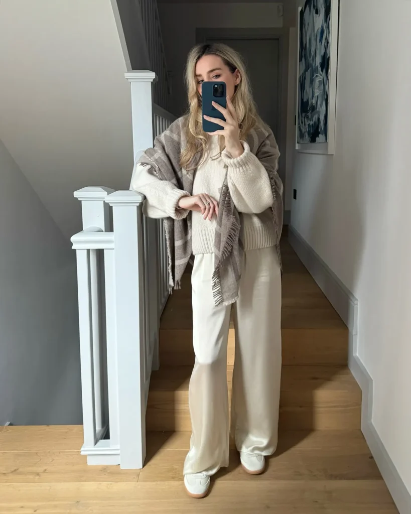 Woman with long blonde wavy hair taking a mirror selfie on a bright home landing with white painted bannisters, grey walls, and warm wood flooring, wearing a cream chunky ribbed cropped knit sweater, ivory satin-finish high-waist wide-leg palazzo trousers with a floor-grazing fluid drape, a large taupe and cream plaid blanket wrap scarf with fringe edges draped over both shoulders, and white clean low-profile sneakers, with a small ring visible on her hand.