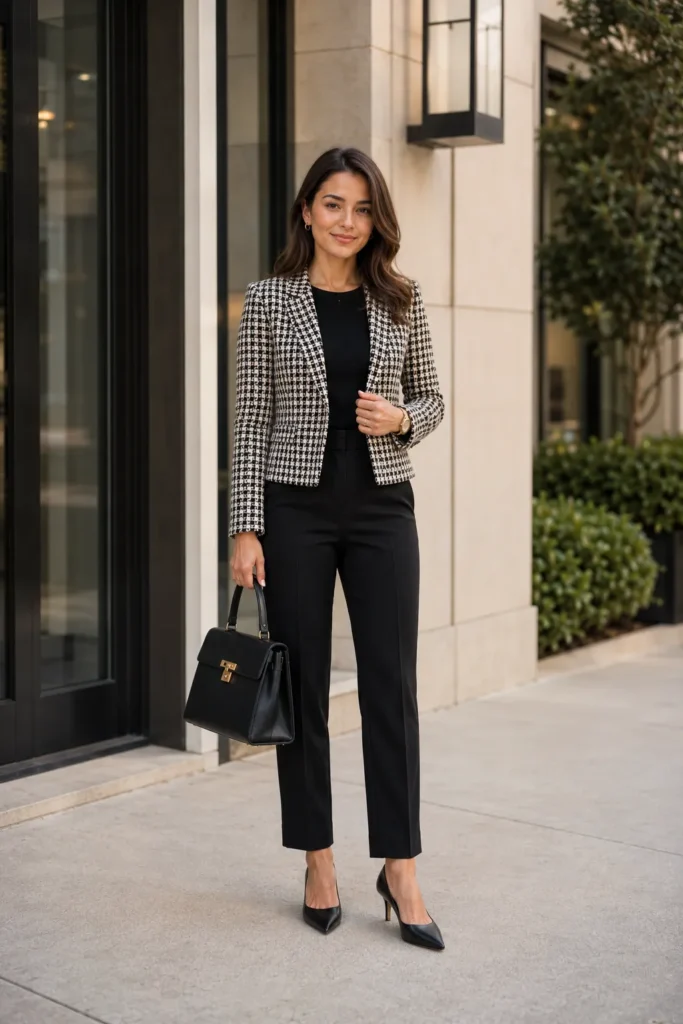 Petite woman wearing an open-front black and white houndstooth boucle jacket over a fitted black top and high-waisted black slim ankle trousers, with black pointed-toe heels and a structured black top-handle bag with gold lock hardware, standing outside a modern glass-facade building — a monochrome base petite interview outfit with a textured statement jacket