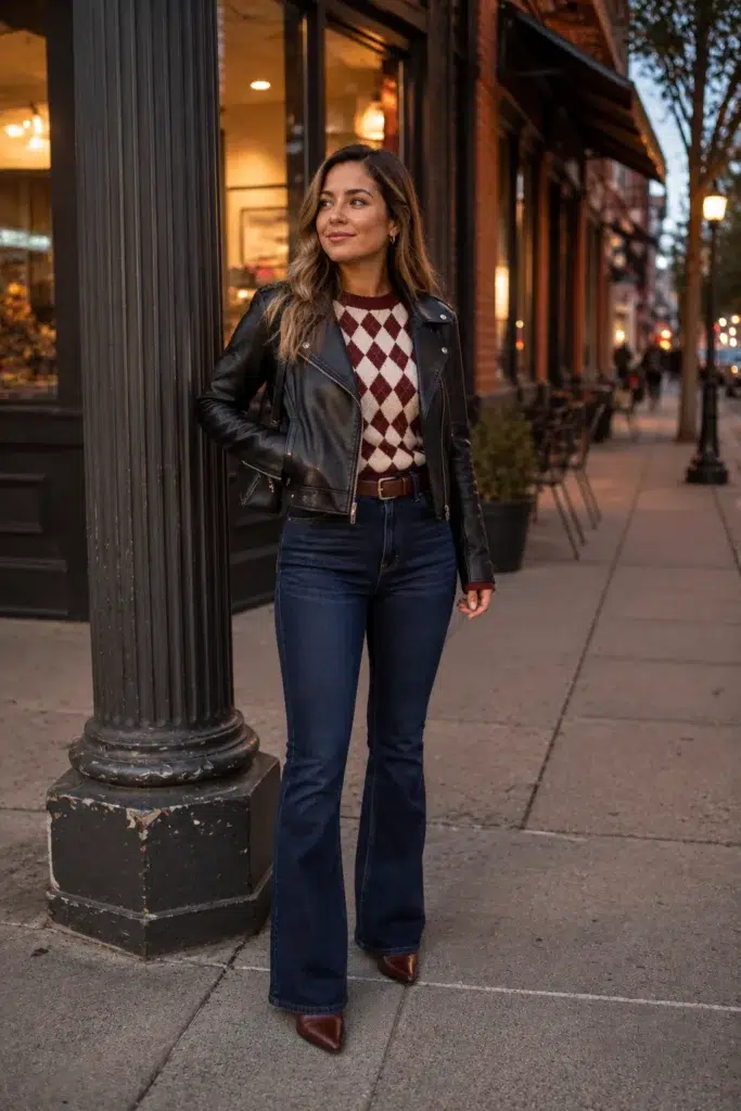 Petite woman in dark wash high-rise flare jeans, a cream and burgundy argyle crew-neck sweater, and an open black leather moto jacket, styled with a burgundy leather belt and dark brown pointed-toe boots on a city sidewalk at dusk.