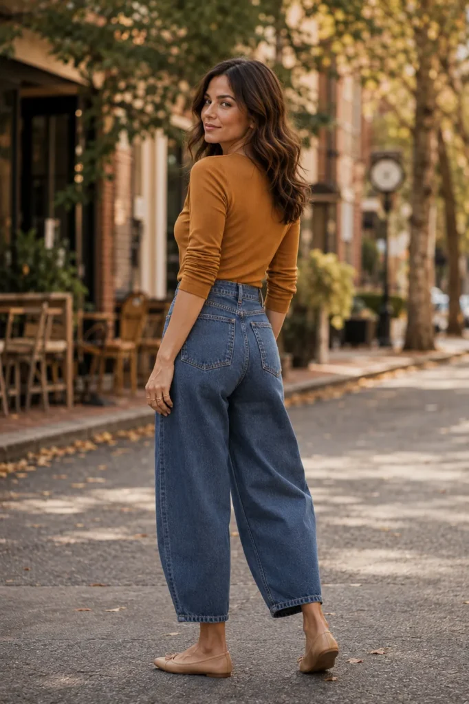 Petite American woman in high-waisted cropped barrel-leg jeans and an ochre henley top looking back on a warm neighborhood street.