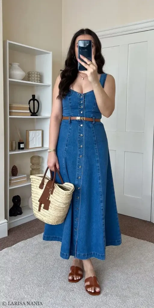 Woman taking a mirror selfie in a medium blue wash sleeveless button-front denim maxi dress with wide shoulder straps, a sweetheart neckline, and a full-length button placket, styled with a thin cognac leather belt at the natural waist, flat tan leather slide sandals, and a woven straw basket tote bag with tan leather handles and a decorative leather charm, photographed in a neutral-toned bedroom with white shelving and decor objects.
