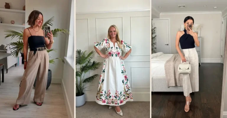 A three-panel collage of petite summer outfits beyond shorts and tees. Left panel: a petite woman in a fitted black spaghetti strap cami tucked into belted sand wide-leg pleated trousers with strappy heeled sandals and a gold chain bag. Center panel: a petite woman in a floor-length ivory white botanical embroidered puff sleeve maxi dress with colorful floral embroidery at the bodice and hem border, wearing nude pointed-toe heels. Right panel: a petite woman in a navy twisted halter top and oatmeal wide-leg cropped linen trousers, holding a small structured off-white top-handle bag and wearing clear heeled sandals.