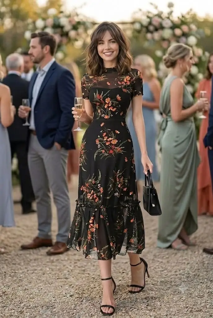 Woman wearing a black chiffon midi dress with a terracotta and green floral print, mock neckline, short sleeves, and a ruffled hem tier, paired with black strappy heeled sandals and a small black structured top-handle bag at an outdoor wedding reception.