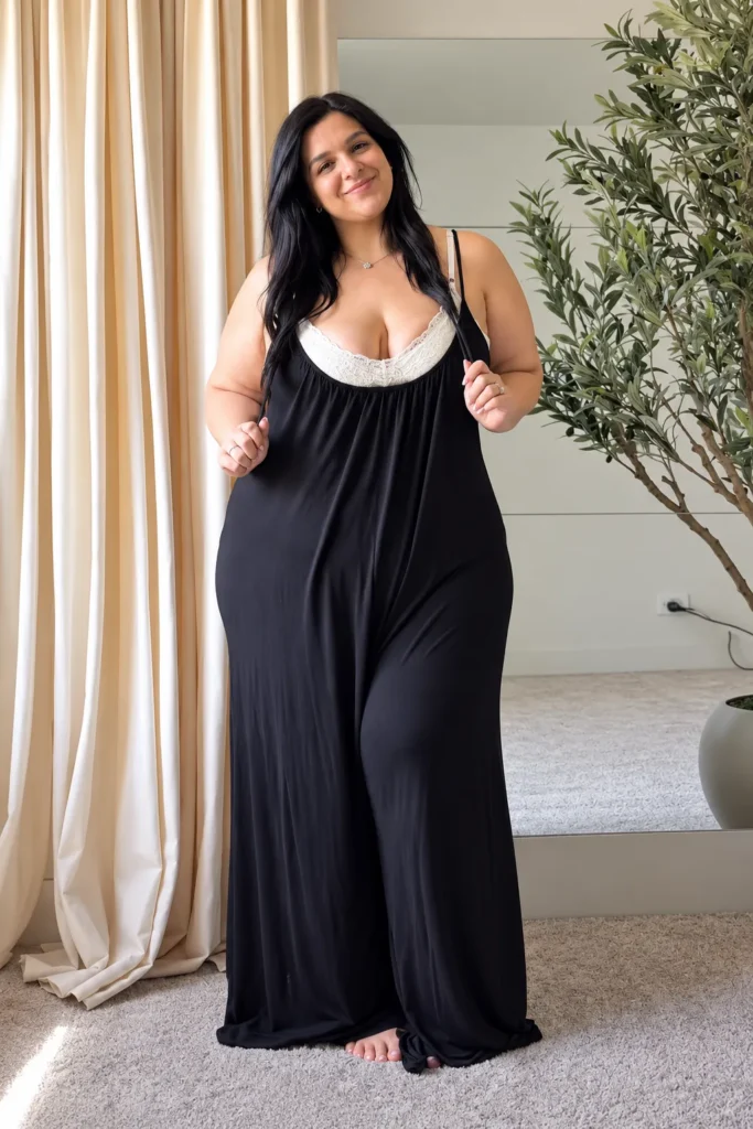 Petite plus-size woman with long straight dark black hair wearing a floor-length black wide-leg flowy spaghetti-strap jumpsuit with a gathered scoop neckline and cream ivory lace trim detail at the bust, styled with a delicate fine gold chain necklace and simple rings, standing barefoot on a light carpet in a minimal modern interior with floor-to-ceiling cream satin curtains, a large olive tree in a concrete planter, and a white paneled wall with a mirror behind her.