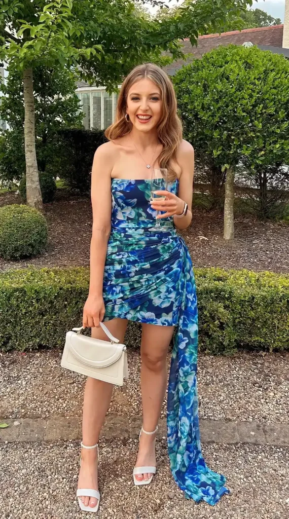 Woman wearing a strapless blue and teal watercolor floral print mini dress with a ruched fitted bodice and an asymmetric side-draped train panel, paired with white square-toe strappy heeled sandals and a cream structured top-handle mini bag at an outdoor wedding.