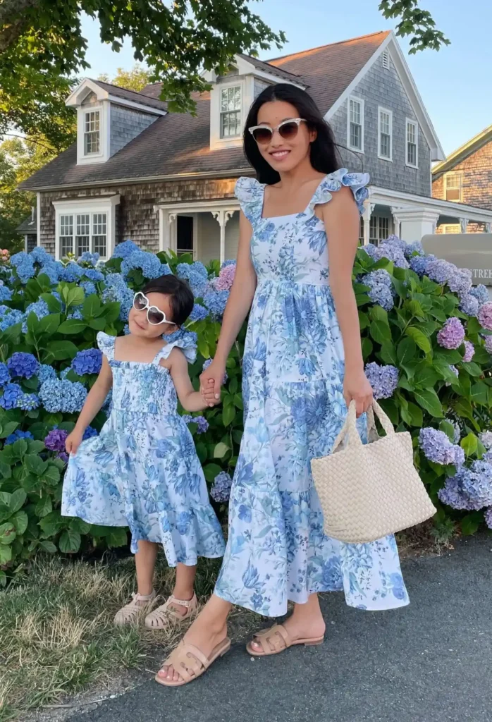 Petite woman with short dark hair in a blue and white botanical floral tiered midi dress with ruffle straps and a square neckline, carrying a large woven cream basket-weave tote bag and wearing flat strappy sandals and white cat-eye sunglasses, standing outdoors beside a young child in a matching mini dress, in front of abundant blue and purple hydrangea bushes with a New England shingle-style house in the background.