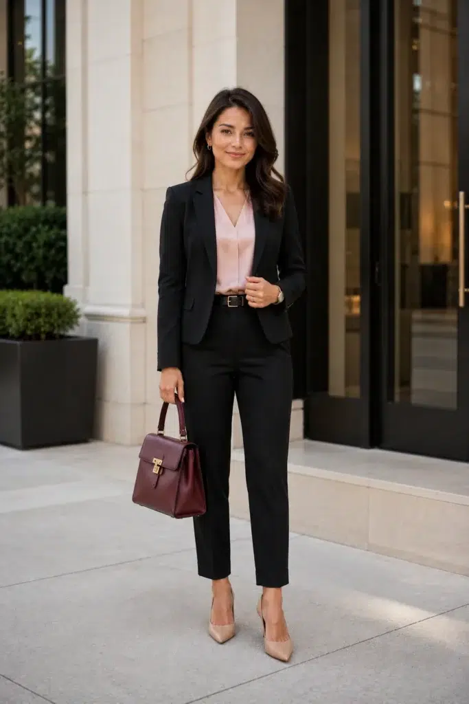 Petite woman in a fitted black single-button blazer over a blush pink satin v-neck top, high-waisted black slim ankle trousers with a black belt, nude pointed-toe heels, and a structured oxblood burgundy top-handle bag with gold hardware, standing outside a stone-facade building — a black suit with blush pink top petite interview outfit