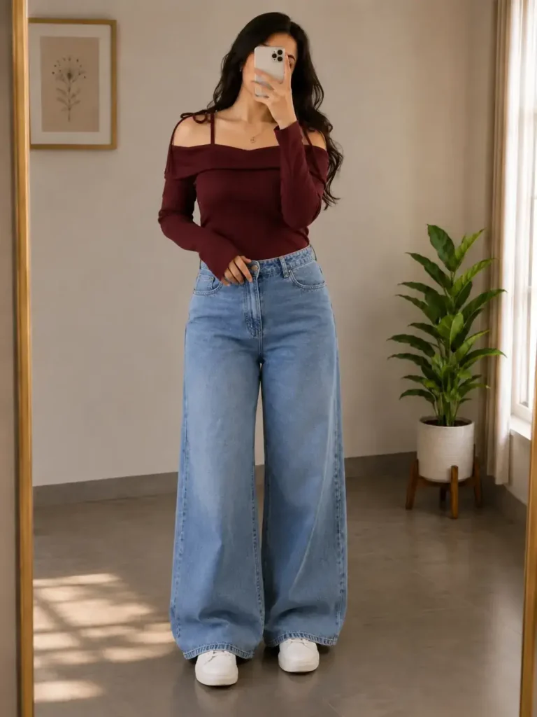 Mirror selfie of a petite woman in a fitted burgundy off-shoulder long-sleeve crop top, pale light-wash wide leg jeans, and white chunky sneakers, with a delicate gold necklace