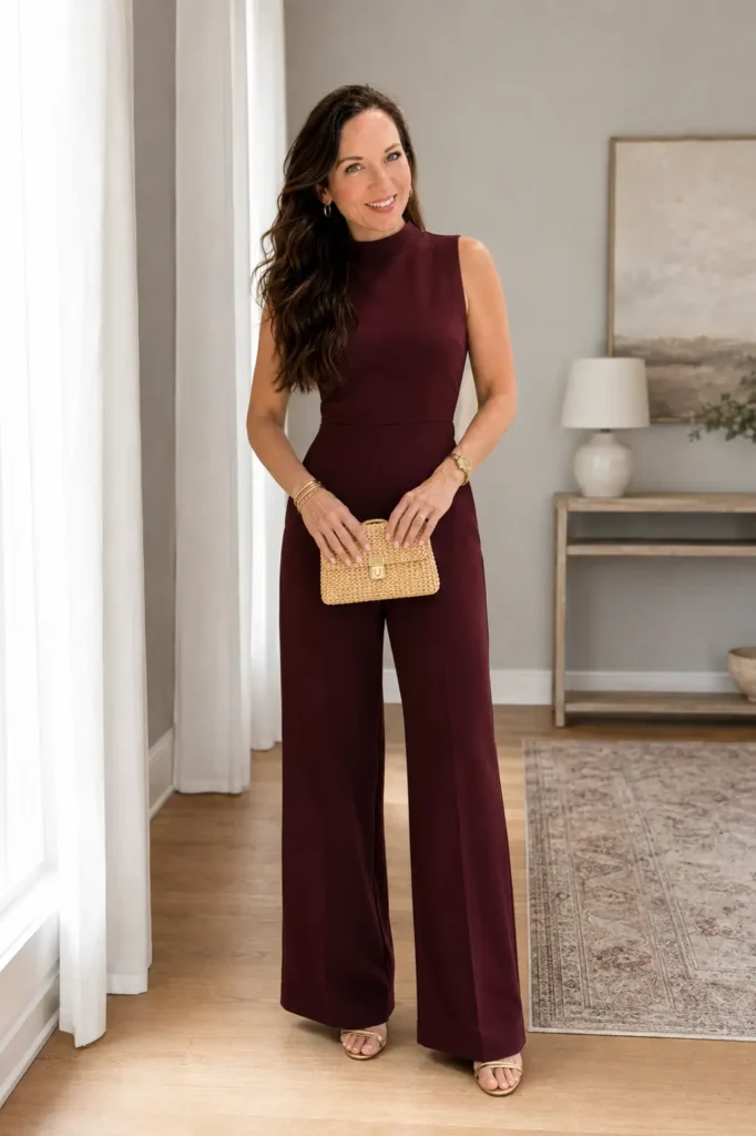 Petite woman in a deep burgundy sleeveless mock-neck column jumpsuit holding a woven straw clutch, in a soft neutral interior.
