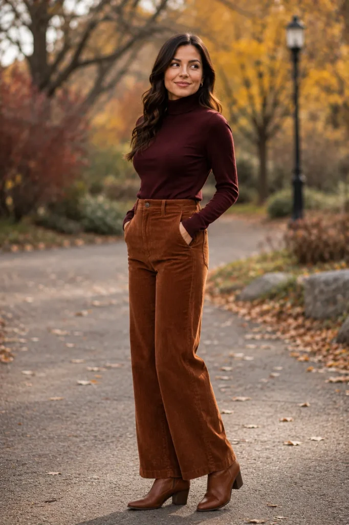 Petite American woman wearing cognac corduroy trousers, a burgundy turtleneck, and brown ankle boots in an autumn park.