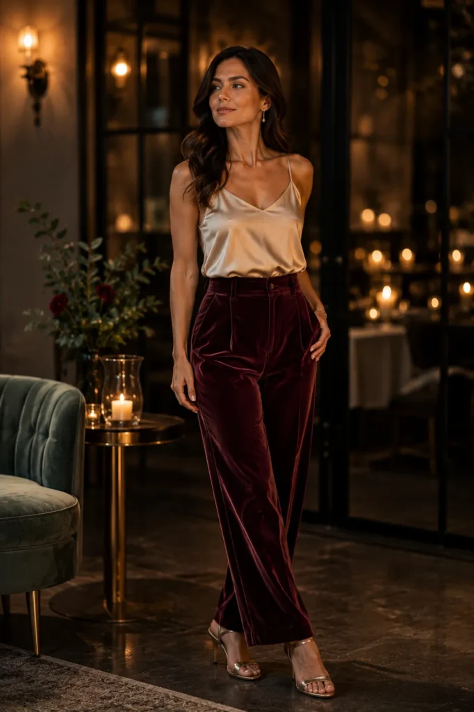 Petite American woman wearing burgundy velvet trousers and a champagne silk camisole with metallic heels in a candlelit evening interior.