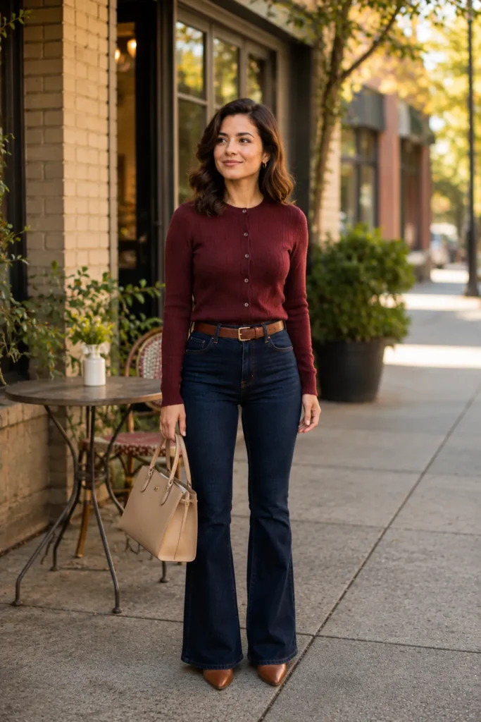 Petite woman in dark indigo high-rise flare jeans wearing a deep burgundy ribbed button-front cardigan fully buttoned and tucked in at the waist, styled with a cognac leather belt, tan pointed-toe heeled shoes, and a structured cream satchel bag on an autumn city sidewalk.