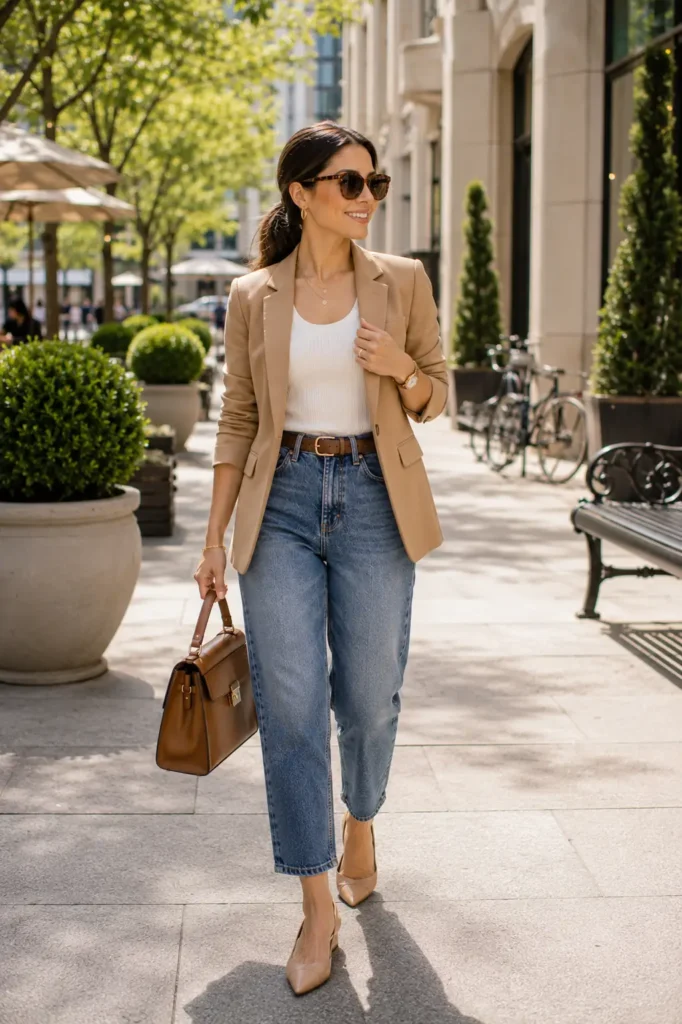 Petite woman in light wash high-waisted cropped mom jeans, a white ribbed fitted tank, and an open camel blazer with a dark brown leather belt at the waist, wearing nude pointed-toe slingback heels and carrying a structured cognac top-handle bag, walking on a sunny city sidewalk