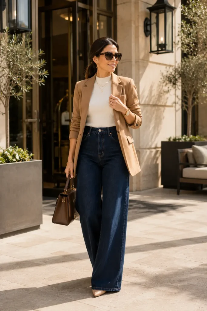 Petite woman in a camel longline blazer over a cream ribbed turtleneck, dark indigo high-rise wide leg jeans, gold pointed-toe heels, and a structured dark brown top-handle bag, photographed outside a luxury hotel