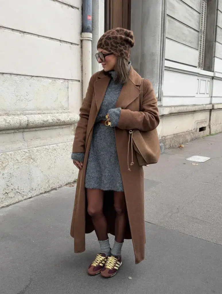 Petite woman on a European city sidewalk wearing a long open camel wool coat over a grey chunky turtleneck sweater mini dress, with a slim brown belt visible at the waist, a leopard print slouchy beanie, dark oversized sunglasses, grey ribbed crew socks, retro runner sneakers in burgundy and yellow, and a structured camel tote bag held at her side.