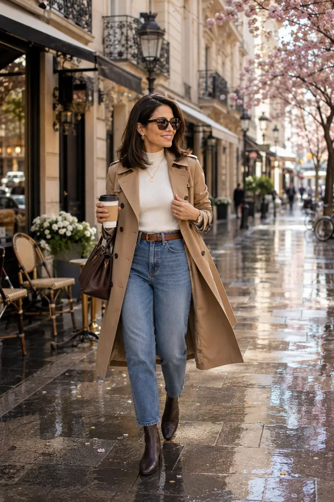 Petite woman walking on a rain-wet Parisian street in medium wash high-waisted ankle-cropped mom jeans, a cream ribbed fitted mock-neck top, a classic double-breasted camel trench coat worn open, a cognac leather belt at the natural waist, dark chocolate brown chelsea boots, and a structured dark brown top-handle bag, with tortoiseshell sunglasses and cherry blossoms visible overhead