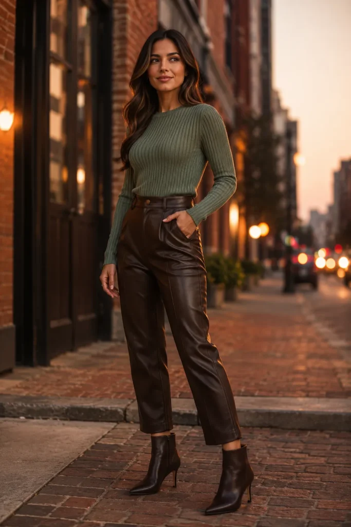Petite American woman in a sage green fitted knit and cropped chocolate brown leather trousers with pointed ankle boots on a city street at dusk.