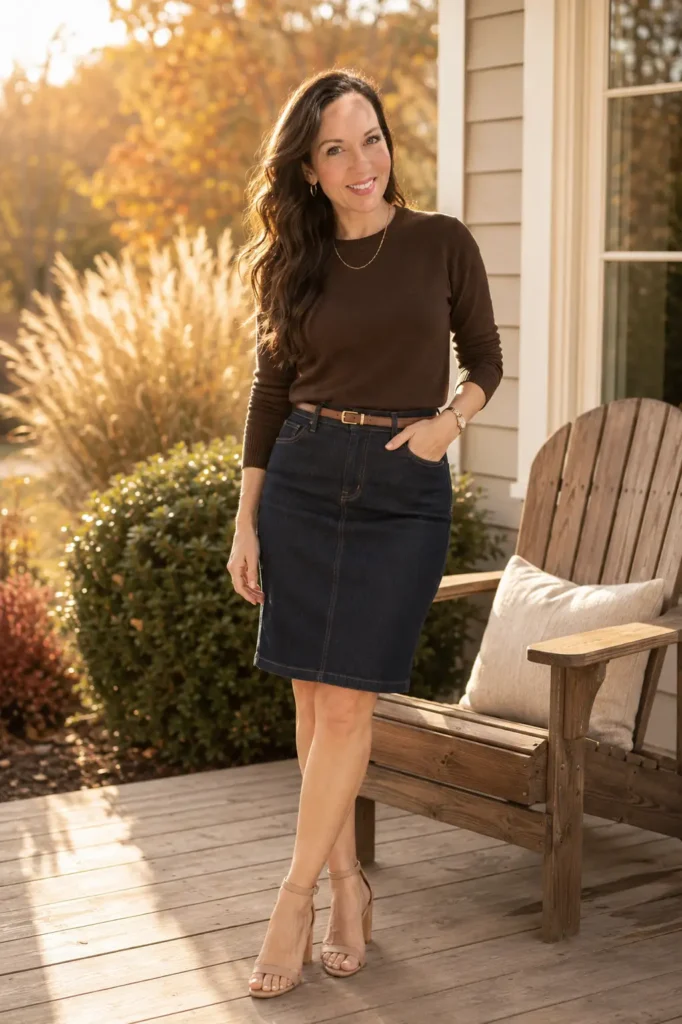 Petite woman in a chocolate brown crewneck sweater tucked into a dark indigo denim pencil skirt with a cognac belt and nude ankle-strap sandals on a warm autumn porch.