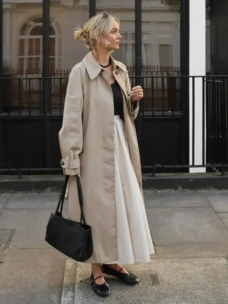 Petite woman in a long sand-beige trench coat worn fully open over a fitted black top and a high-waisted white full midi skirt with soft volume, paired with black Mary Jane ballet flats, carrying a black structured leather tote bag by the handles, wearing a short black beaded necklace and sunglasses propped on her head, standing on a gray stone city sidewalk beside a tall black iron gate with a classic European building facade in the background.