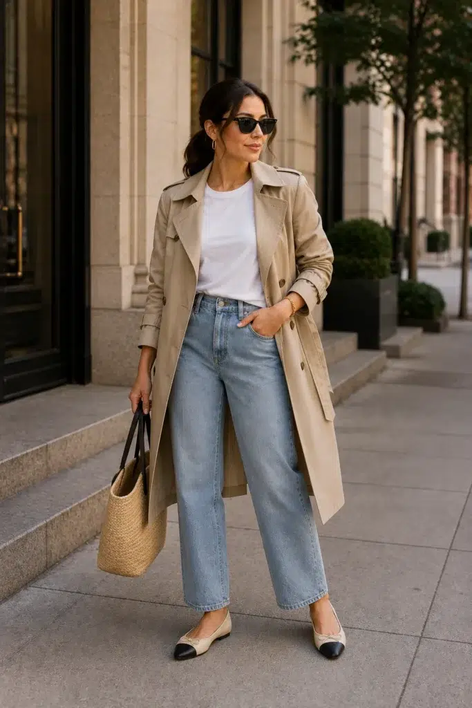 Petite woman wearing a belted camel trench coat open over a white tee with light wash straight-leg jeans, beige cap-toe ballet flats, raffia tote with black handles, cat-eye sunglasses, and gold hoop earrings on a city street.