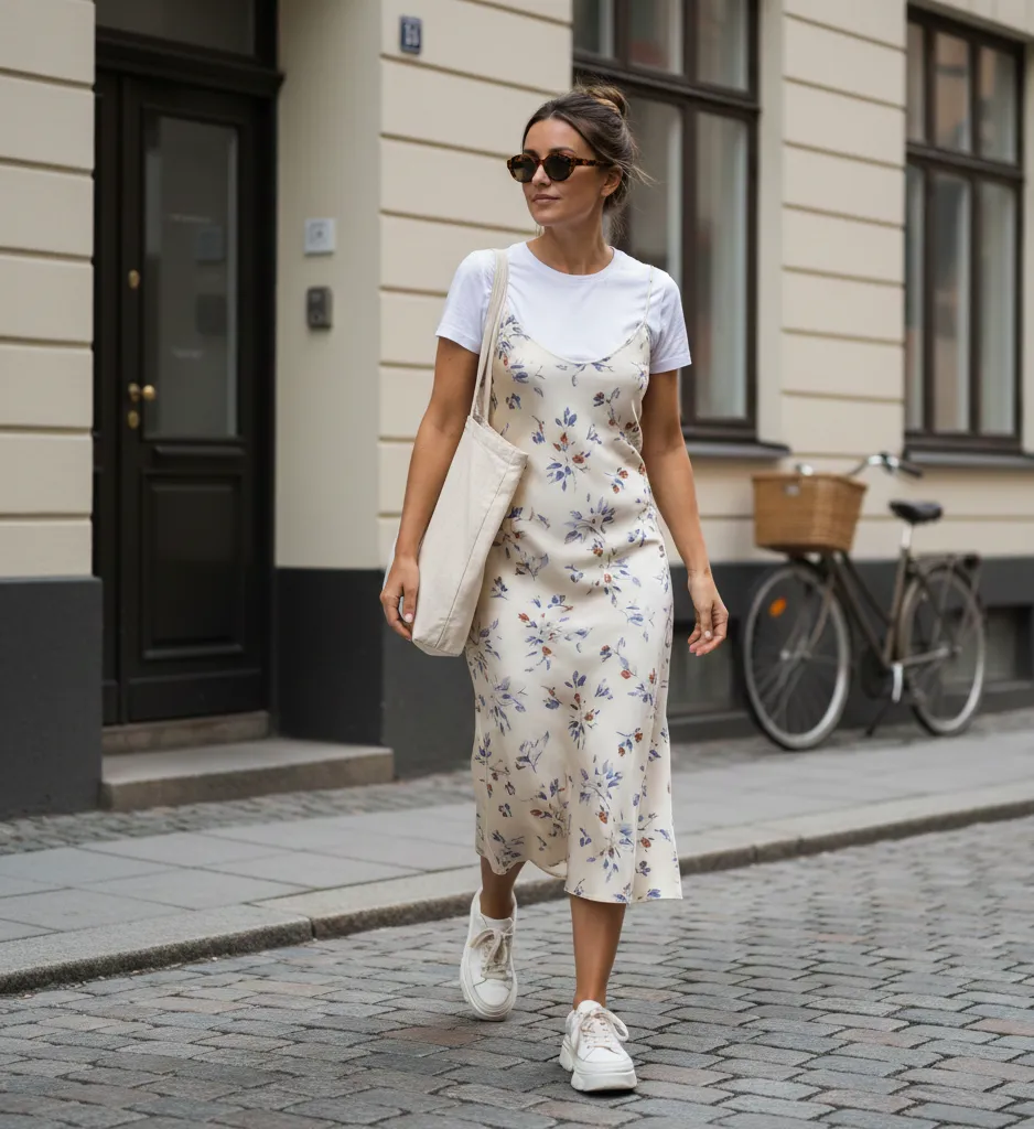 Woman with dark hair in a loose casual bun walking along a cobblestone European street, wearing a cream satin midi slip dress with a soft botanical floral print in dusty blue and rust on thin spaghetti straps, layered over a fitted white crew-neck t-shirt, paired with clean white low-profile sneakers, a large natural cream canvas shoulder tote bag, and round tortoiseshell sunglasses, with a cream building facade and a bicycle with a wicker basket in the background.