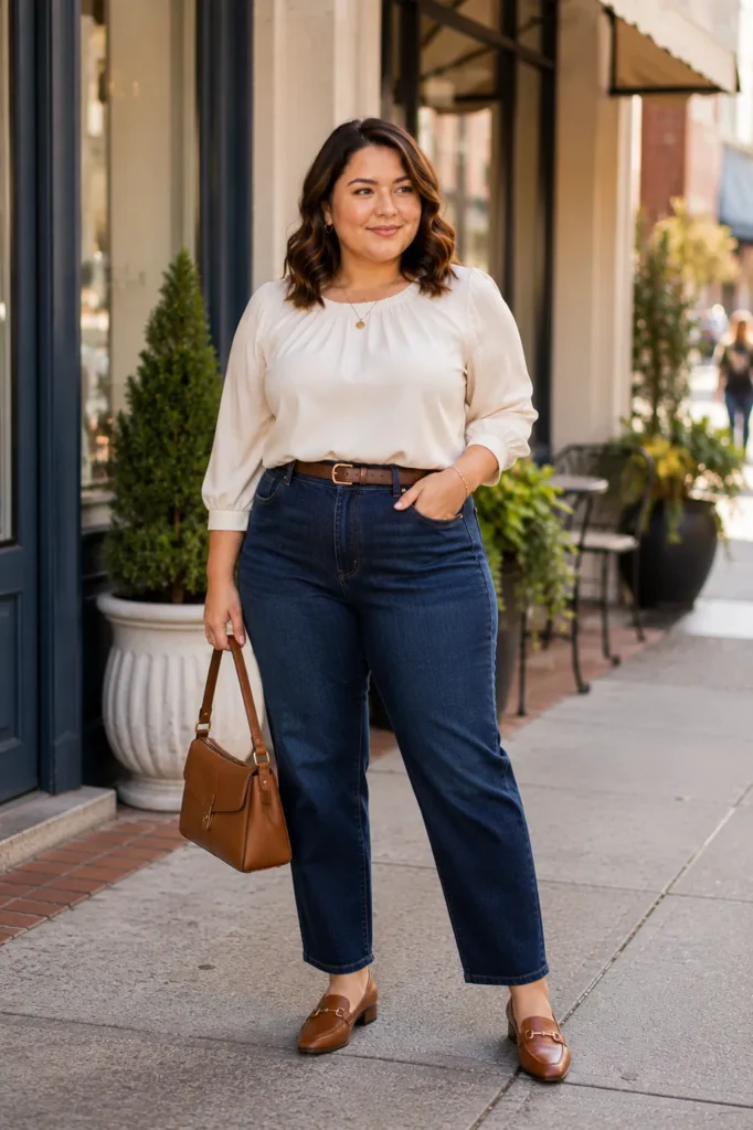 Petite plus-size woman in a cream gathered-neck blouse with cuffed three-quarter sleeves tucked into high-rise dark indigo straight-leg jeans, cinched with a slim cognac leather belt, carrying a structured cognac leather top-handle satchel with gold turn-lock hardware, wearing cognac horsebit loafers with a low block heel, standing on an upscale city sidewalk in front of a storefront with potted topiaries.