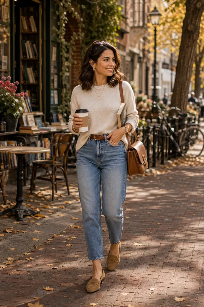 Petite woman in light wash high-waisted ankle-cropped mom jeans, a relaxed oatmeal crew neck knit sweater with a cognac leather belt at the natural waist, tan suede penny loafers, and a structured cognac leather saddle shoulder bag, holding a takeaway coffee and a book while walking past an autumn bookshop café with fallen leaves on the ground