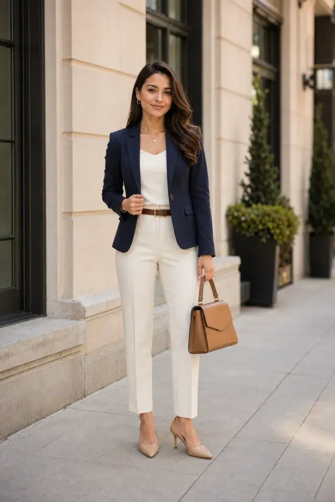 Petite woman in a fitted navy blazer worn over a cream cowl-neck cami and cream slim ankle trousers, cinched with a slim brown leather belt, nude pointed-toe heels, and a structured camel top-handle bag, walking outside a stone-facade building — a navy and cream petite interview outfit with warm accessories
