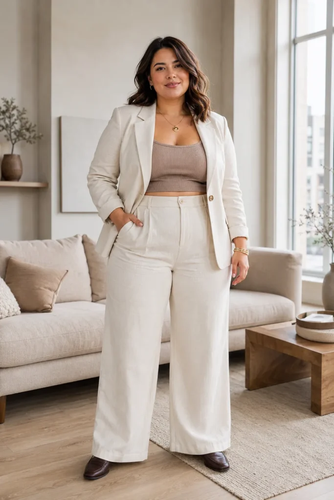 Petite plus-size woman with medium-length dark wavy brunette hair wearing a cream ivory single-button notched lapel blazer open at the front over a mocha taupe ribbed crop bralette top, paired with matching high-rise cream wide-leg linen-look trousers forming a full suit set, dark chocolate brown leather loafers, gold stacked bangle bracelets, and a delicate gold coin pendant necklace, standing in a modern minimalist living room with a cream sofa, low wooden coffee table, neutral jute rug, and large floor-to-ceiling windows with soft natural light.