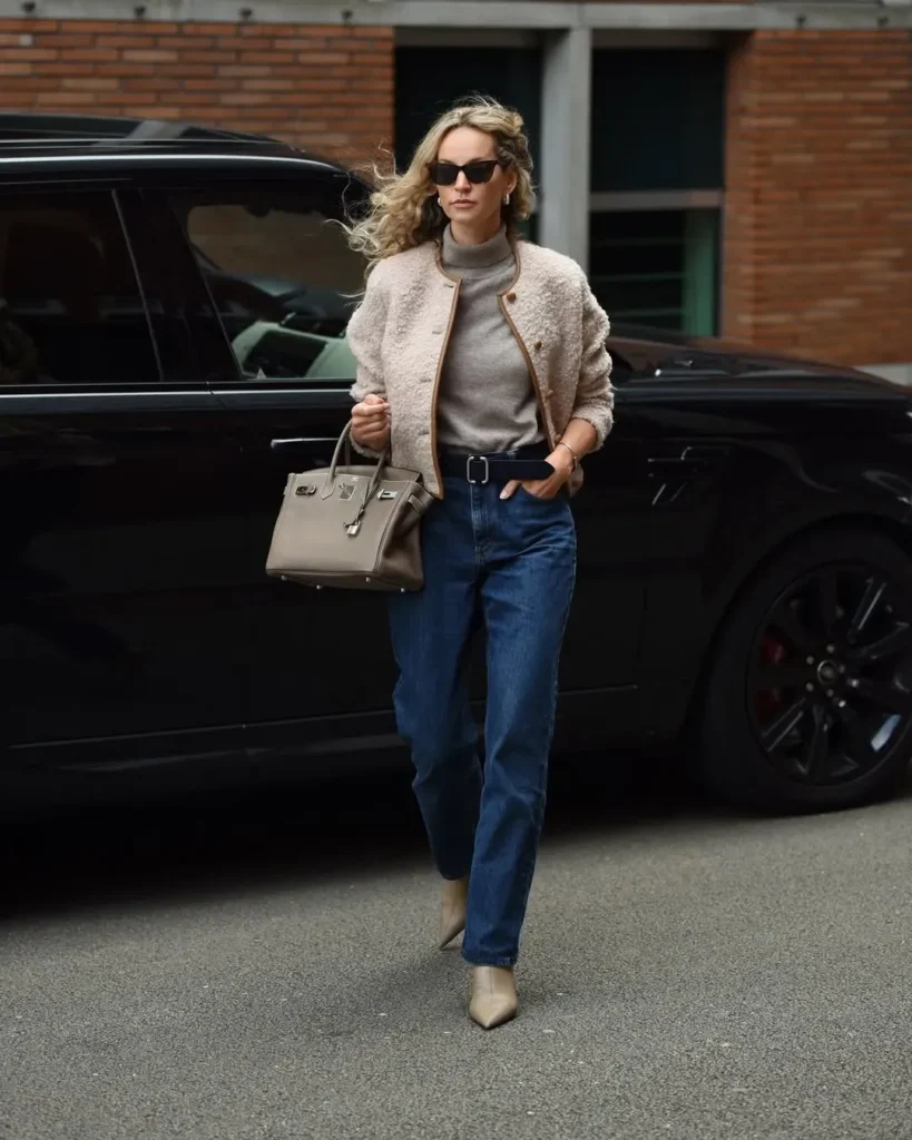 Petite woman walking on a city street wearing high-rise dark indigo straight-leg jeans with a black belt, a grey fitted mock-neck turtleneck tucked in, and a short cream bouclé textured collarless jacket with cognac trim detailing, carrying a structured taupe grey leather top-handle bag, wearing taupe pointed-toe ankle boots, with a black luxury SUV in the background.