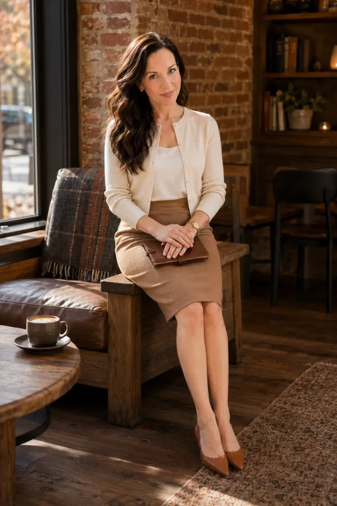 Petite woman wearing a cream ribbed cardigan over an ivory silk shell tucked into a camel pencil skirt with cognac flats, seated in a cozy autumn coffee shop holding a leather planner.