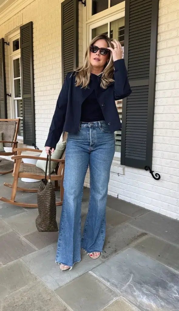 Petite woman in medium wash wide-leg flare jeans with a raw frayed hem, styled with a cropped navy blazer over a fitted navy top, clear heeled sandals, and a dark woven structured tote bag.