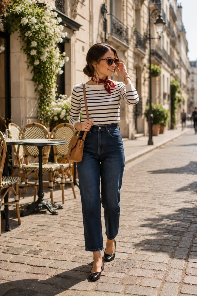 Petite woman in dark wash high-waisted cropped mom jeans, a navy and white Breton stripe long-sleeve top, a red silk neckerchief tied at the neck, black ballet flats with a small buckle, and a tan structured crossbody bag, walking on a Parisian cobblestone street