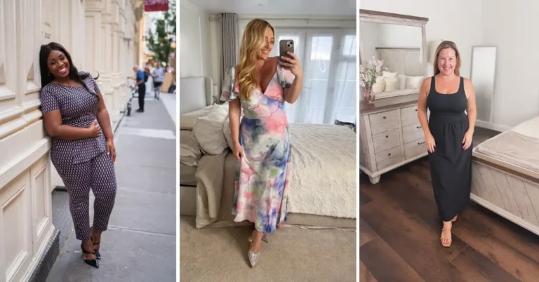 A three-panel collage of curvy petite women in stylish outfits: on the left, a woman in a navy and pink geometric print co-ord set with cropped ankle pants and black patent heels on a city street; in the center, a woman in a watercolor floral wrap maxi dress with pink, lavender, and sage tones and crystal heeled mules taking a bedroom mirror selfie; on the right, a woman in an all-black tank maxi dress with a built-in bodice and tan flat sandals smiling in a bedroom.