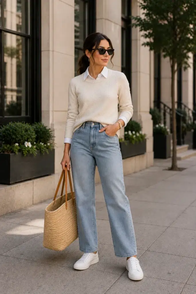 Petite woman wearing cream crewneck sweater over white button-down shirt with light wash straight-leg jeans, white sneakers, raffia tote, and gold accessories on a city street.