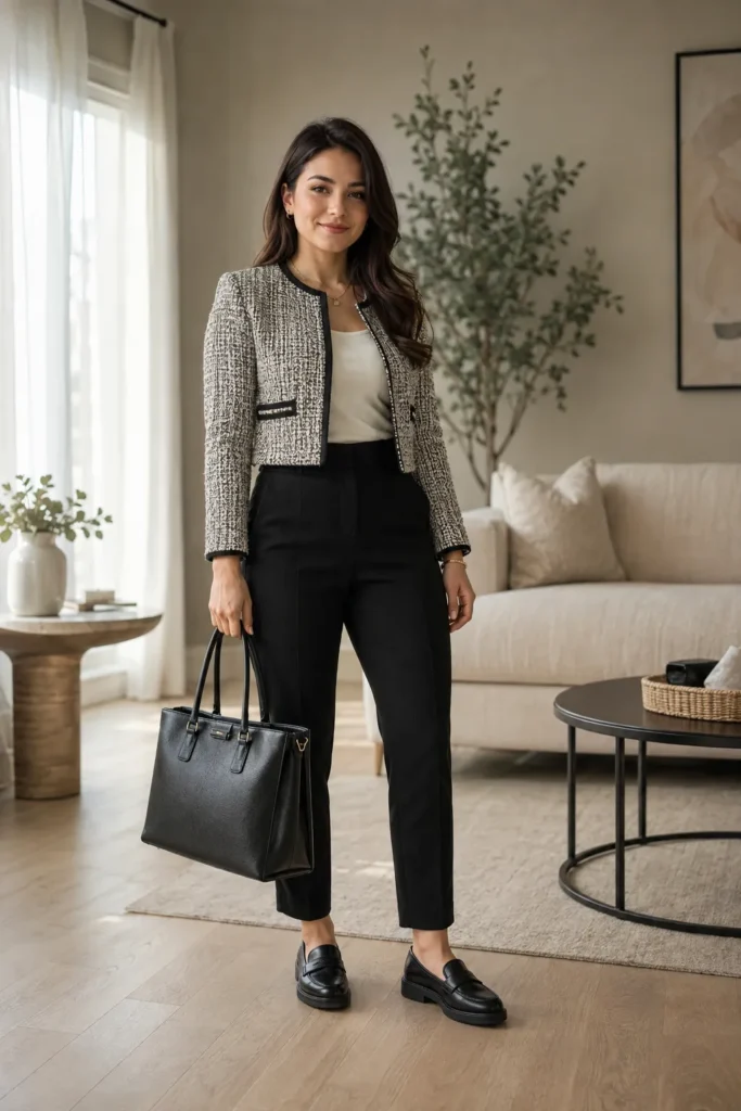 Petite woman wearing a cropped collarless cream and black boucle tweed jacket over a white fitted tank top and high-waisted black slim tapered ankle trousers, with flat black penny loafers and a black structured rectangular tote bag, standing in a bright neutral living room — a polished flat-shoe petite interview outfit