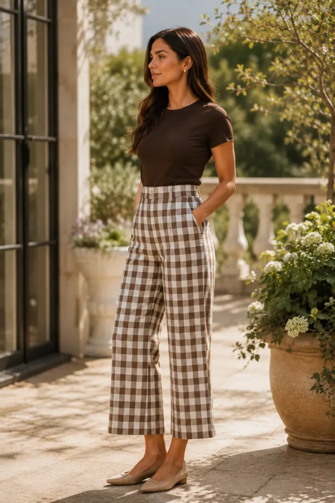 Petite American woman wearing brown-and-cream gingham cropped wide-leg trousers and a dark brown fitted top on a sunny garden terrace.