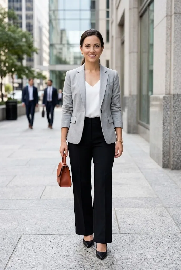 Petite woman wearing a light grey fitted blazer, white v-neck top, black wide-leg trousers, and black pointed-toe heels, carrying a cognac structured handbag on a city sidewalk — a mixed-neutral petite interview outfit