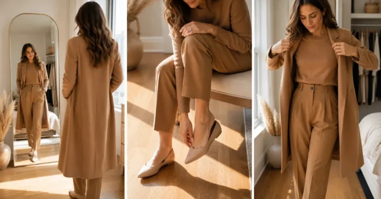 Three-panel collage showing a petite woman in a full camel monochrome work outfit with nude pointed-toe flats, demonstrating how to look taller at work through a long blazer, high-waisted trousers, and a floor-length mirror check