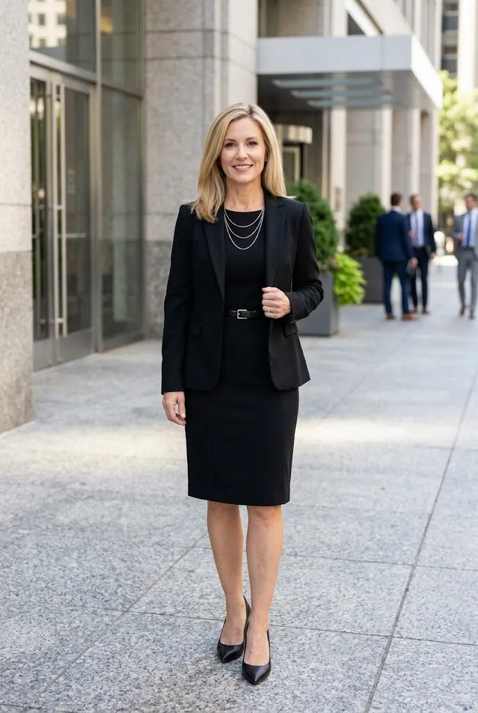 Petite woman in an all-black outfit consisting of a fitted blazer, belted dress, knee-length pencil skirt, and pointed-toe heels, wearing layered silver chain necklaces outside a corporate building — a sleek all-black petite interview outfit