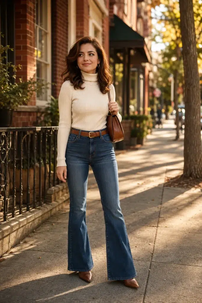 Petite woman in dark wash flare jeans and a fitted cream ribbed turtleneck, styled with a cognac leather belt, brown pointed-toe boots, and a brown leather shoulder bag on a city sidewalk.