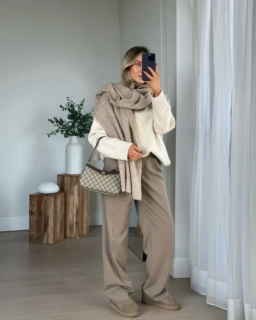 Petite woman with blonde hair taking a mirror selfie in a minimal bright home interior with wooden block pedestals, a white vase with eucalyptus, and sheer white curtains, wearing a cream ivory oversized ribbed turtleneck sweater with a very large oat-grey wool scarf draped loosely around the neck and over both shoulders with ends hanging at the front, greige taupe wide-leg tailored trousers running full length to the floor, tan sand platform UGG-style mini boots barely visible under the hem, and a monogram pattern mini shoulder baguette bag with brown leather trim held at her side.