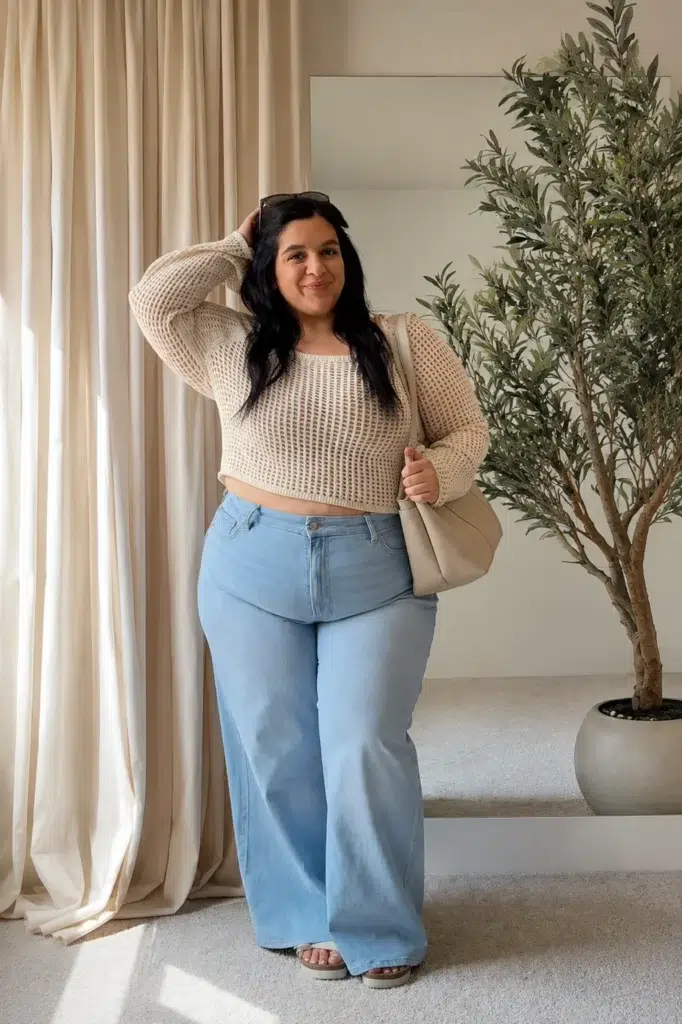 Petite plus-size woman with long dark wavy black hair and sunglasses pushed up on her head, wearing a cropped cream beige open-knit crochet long-sleeve top with a square neckline worn over a fitted nude underlayer, paired with high-rise light pale blue wash wide-leg flare denim jeans in a full length cut, carrying a large soft cream leather hobo shoulder tote bag, and wearing cream taupe chunky platform slide sandals, standing in a minimal modern interior with floor-length cream linen curtains, a large leaning mirror, and an olive tree in a round concrete planter.
