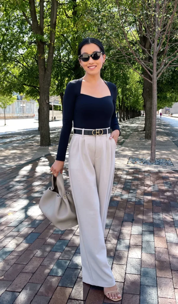 Petite woman in a fitted dark navy long-sleeve square-neck bodysuit tucked into high-rise light stone wide-leg pleated trousers cinched with a white belt with a gold logo buckle, carrying a large soft sage grey leather hobo shoulder bag, wearing nude flat strappy sandals, walking along a tree-lined brick promenade in dappled sunlight.