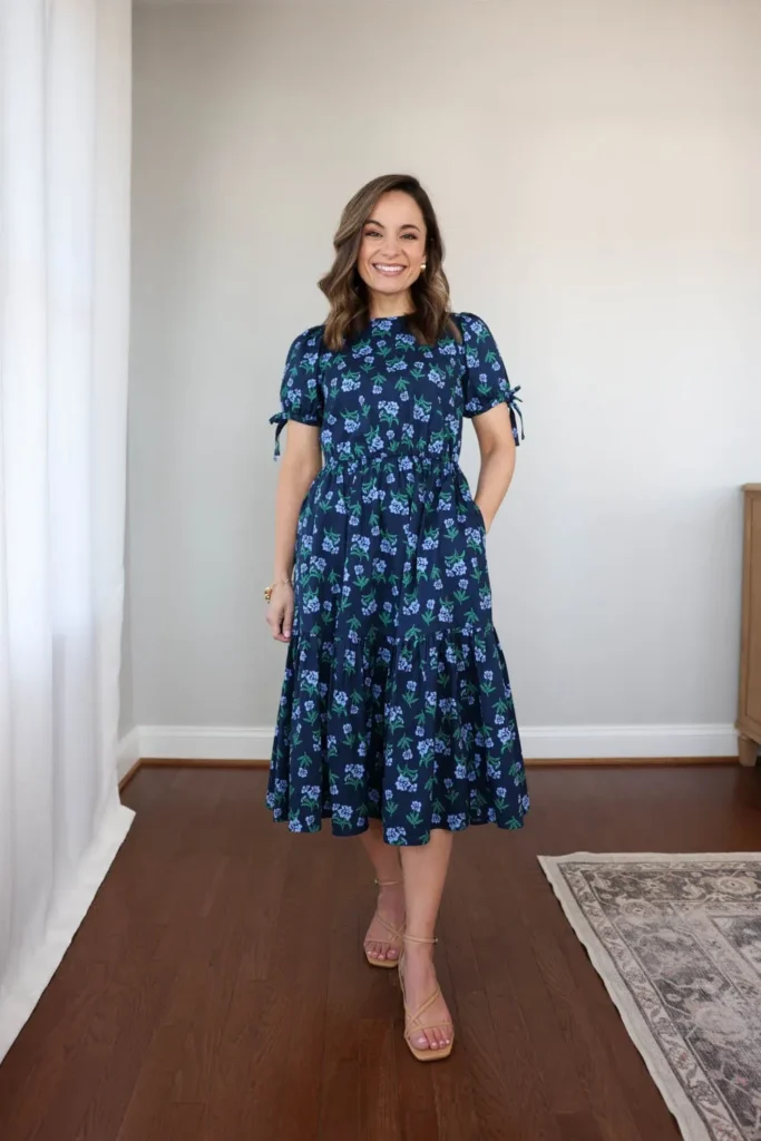 Petite woman standing in a bright room, wearing a navy midi dress with a blue-and-green floral print, round neck, short puff sleeves that tie at the elbow, and a tiered skirt, paired with skin-tone strappy heeled sandals, with a patterned rug and wood dresser behind her.