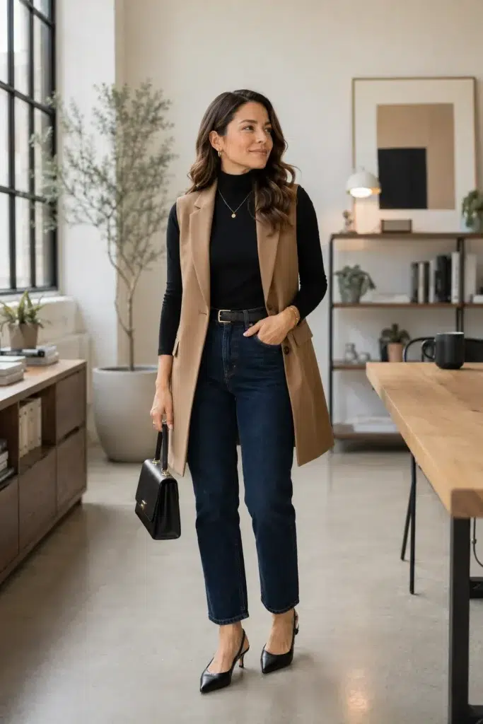 Petite woman standing in a modern minimalist office interior wearing high-waisted dark navy straight leg cropped jeans, a fitted black turtleneck long-sleeve top, a longline camel sleeveless vest with lapels cinched with a black leather belt at the waist, black slingback low heels, and a structured black leather top-handle bag with gold hardware, with a delicate gold chain necklace and small gold hoop earrings.