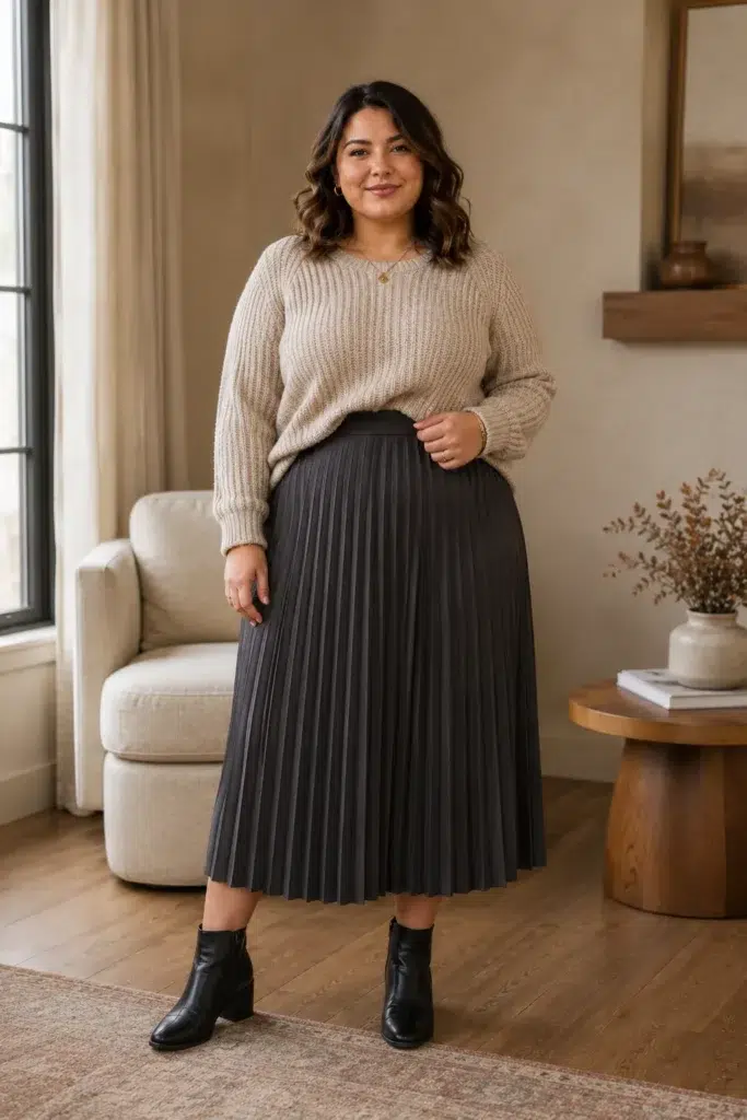 Petite plus-size woman in a chunky oatmeal ribbed crew-neck sweater worn loosely over the waistband of a high-waist charcoal gray pleated midi skirt, paired with black side-zip low block heel ankle boots, wearing gold hoop earrings and a delicate gold pendant necklace, standing on a patterned area rug in a warm neutral-toned living room with a cream armchair and wooden side table in the background.